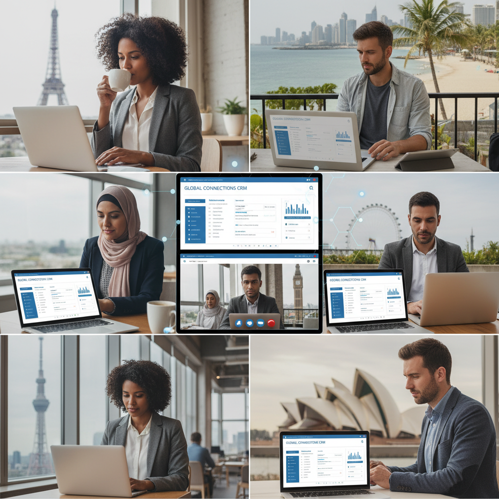 A diverse team of UK expat entrepreneurs collaborating virtually from different global locations, each looking at a laptop with a modern, intuitive CRM interface displayed. The background shows subtle hints of international landmarks and digital connectivity, in a photorealistic style with natural lighting.