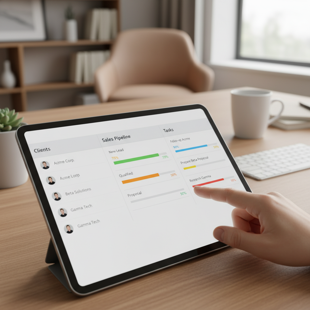 A close-up, high-angle view of a sleek, minimalist CRM dashboard on a tablet screen, showing organized client data, sales pipeline stages, and task lists with color-coded progress bars. A hand is gently tapping the screen, with a soft-focus background of a cozy home office setup, rendered in a bright, modern photorealistic style.