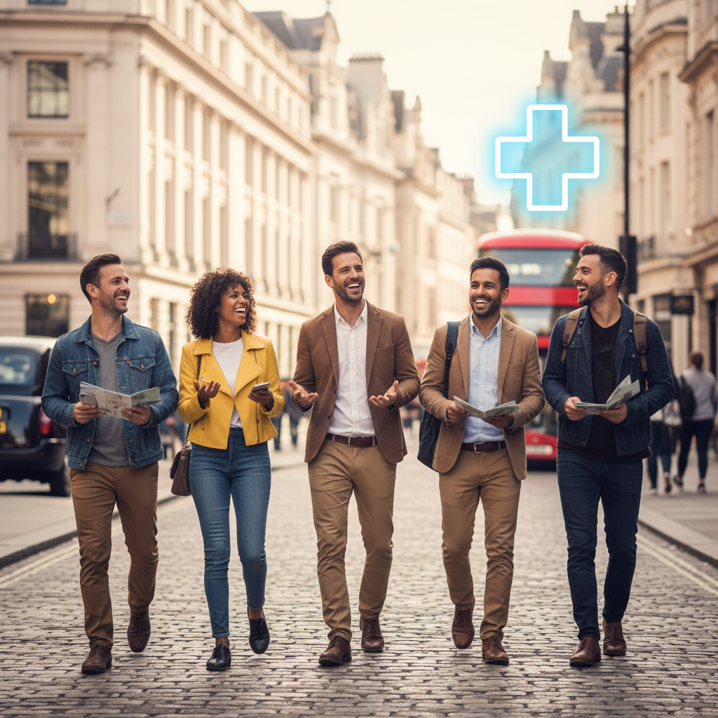 A diverse group of happy expats confidently exploring London, symbolizing ease and peace of mind in a new country, with a subtle medical cross icon in the background, bright and inviting colors.