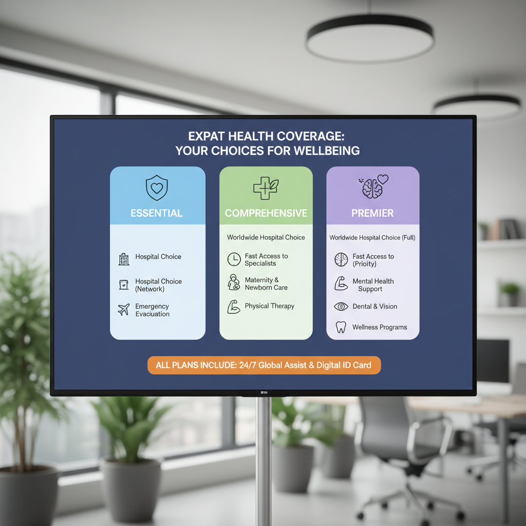 A detailed infographic displaying different health insurance coverage options and their benefits, using clear icons and a friendly color palette, illustrating choices for expats with features like hospital choice, fast access, and mental health support.