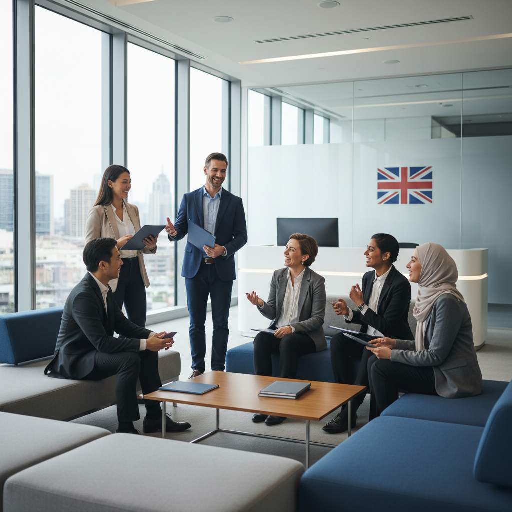 A diverse group of expats happily chatting and smiling in a modern, well-lit office reception area, looking relaxed as if having found good legal assistance. In the background, a subtle UK flag can be seen.