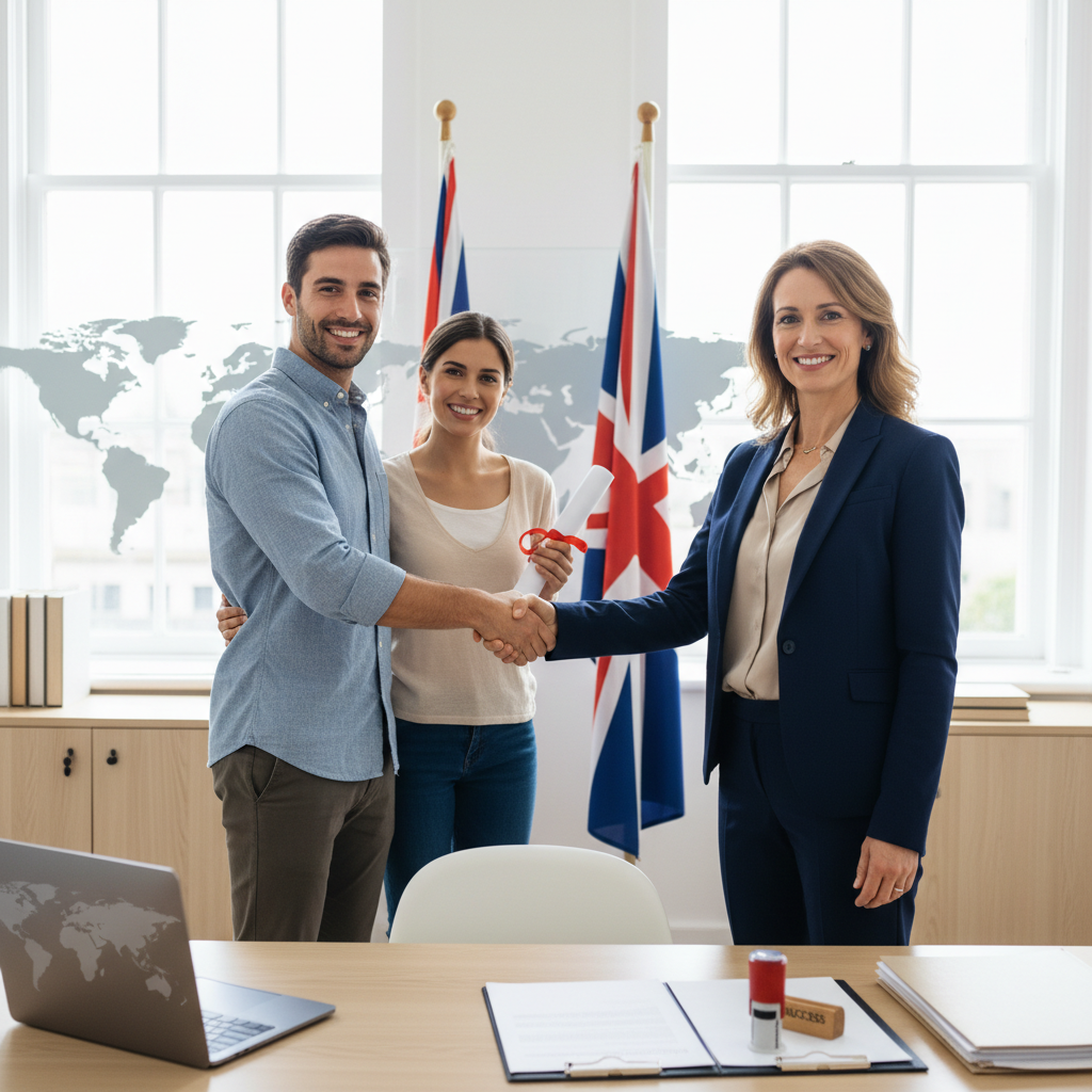 A confident, professional immigration lawyer in a modern, bright office, shaking hands with a smiling expat couple, with UK and international flags subtly in the background, symbolizing successful immigration guidance.