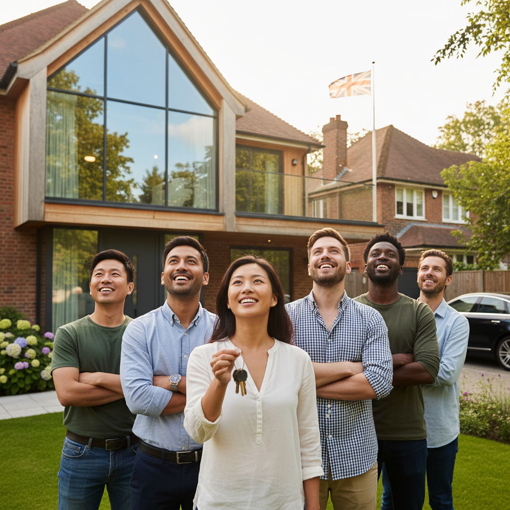 A diverse group of expats smiling and looking confidently at a modern, stylish house in the UK, with a subtle British flag in the background, conveying a sense of aspiration and achievement.