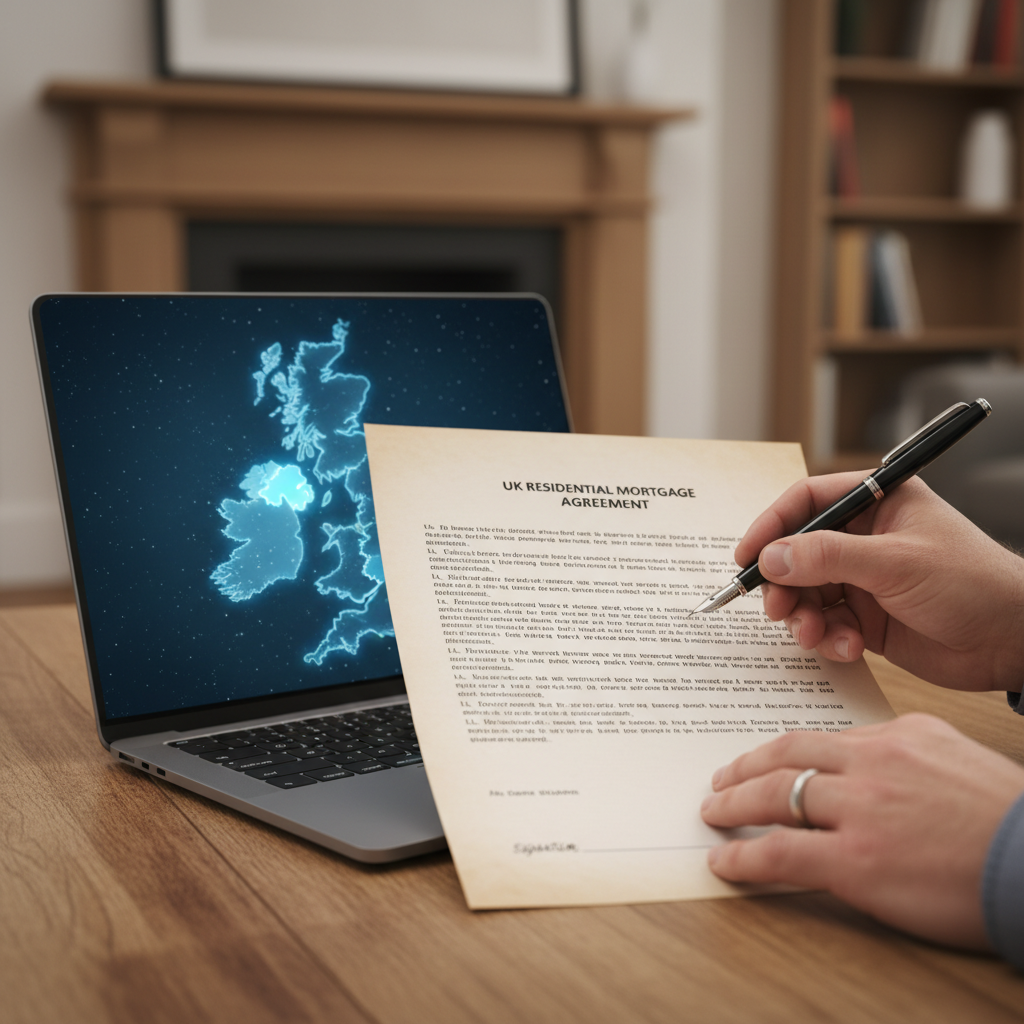 A close-up, highly detailed shot of a person's hands signing a UK mortgage document, with a UK map subtly visible in the background on a laptop screen, conveying the idea of a significant financial decision.