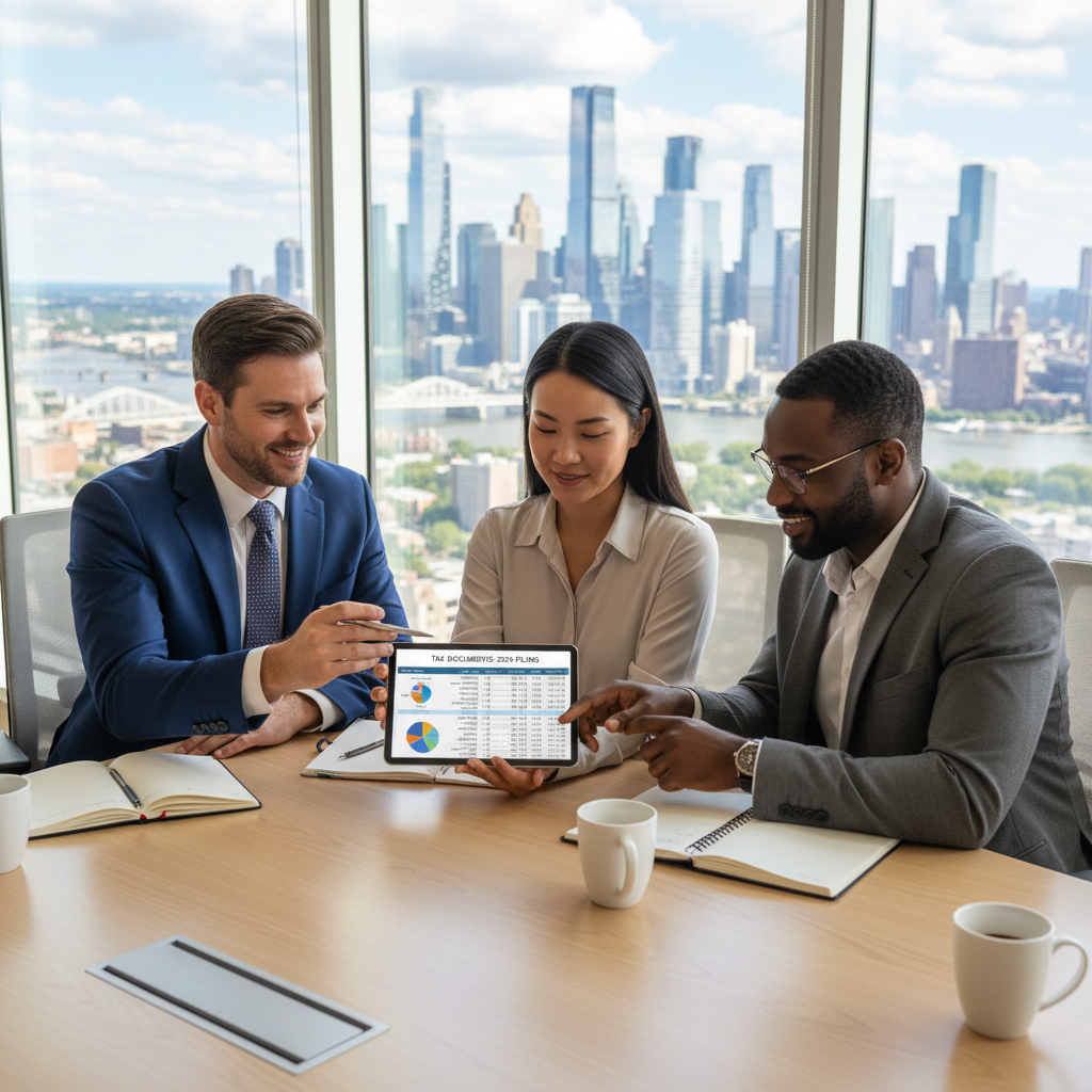 A diverse group of smiling professionals, an expat and a financial advisor, sitting at a modern office desk, reviewing tax documents on a tablet, with a cityscape visible through a large window. The atmosphere is collaborative and reassuring, in a photorealistic style.