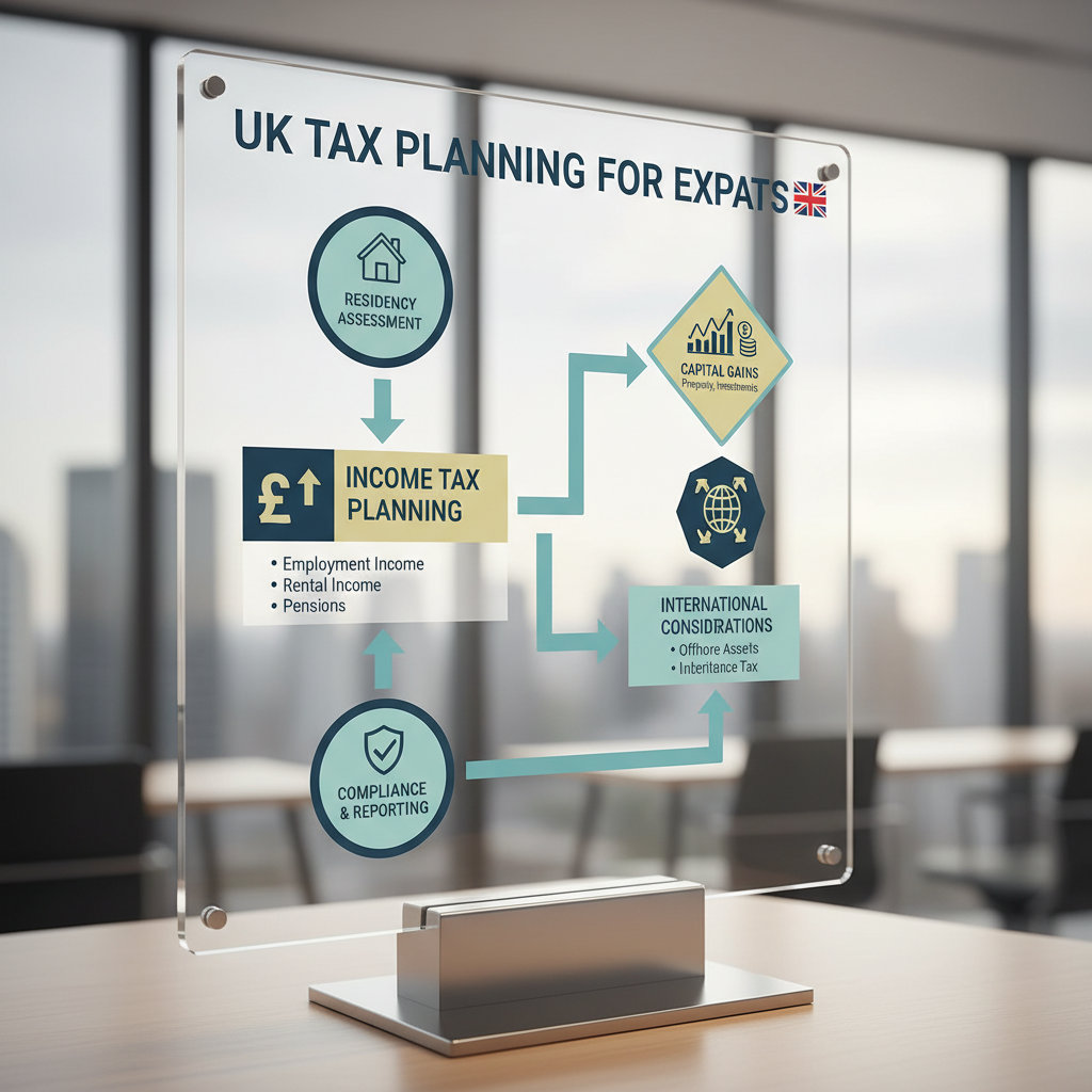 A detailed infographic or flow chart illustrating the process of UK tax planning for expats, with icons representing different stages like 'Residency Assessment', 'Income Tax Planning', 'Capital Gains', and 'International Considerations'. The design should be clean, professional, and easy to understand, in a photorealistic style.