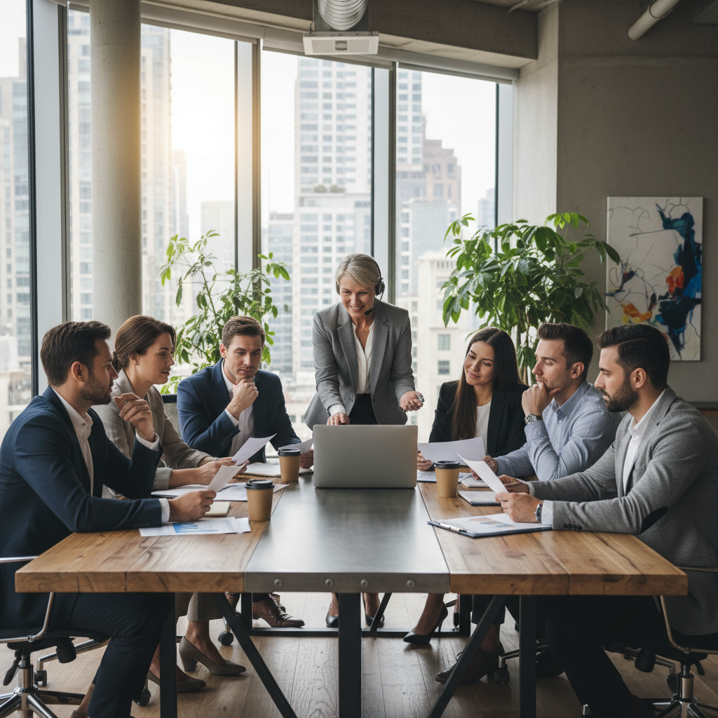 A detailed, photorealistic image of a diverse group of people from different nationalities sitting around a table, looking thoughtfully at financial documents and a laptop, with a professional financial advisor guiding them through the process, in a bright, modern office setting. Focus on expressions of clarity and understanding.