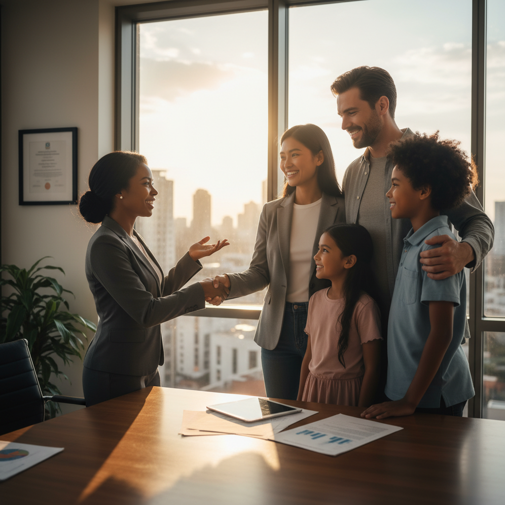 A vibrant, photorealistic image of a diverse couple, an expat family, smiling confidently while shaking hands with a friendly, professional financial advisor in a modern office. Sunlight streams in, highlighting a successful and secure future. Focus on positive body language and a sense of relief.