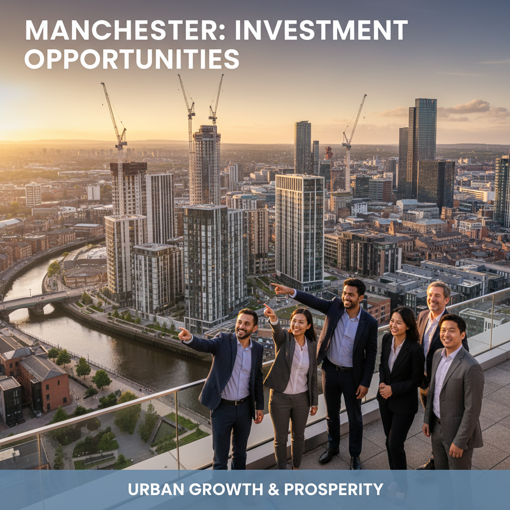 A diverse group of smiling expats looking at a modern cityscape of Manchester with new apartment buildings, representing investment opportunities. The scene is bright and optimistic, with a focus on urban growth.