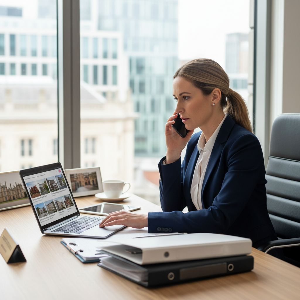 A professional property manager in a well-lit office, looking at a laptop with UK property listings, while talking on the phone, conveying efficiency and reliability in managing properties for overseas clients.