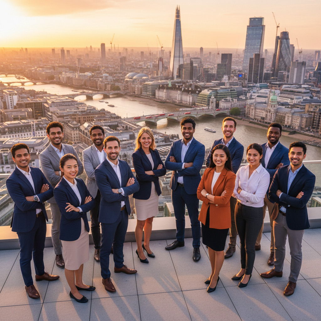 A diverse group of smiling business professionals from various ethnic backgrounds, dressed in smart casual attire, standing confidently on a rooftop overlooking a vibrant, modern London cityscape at sunset, symbolizing global business opportunities and success. The lighting is warm and inviting, and the focus is on the people with the city as a slightly blurred, beautiful backdrop. Photorealistic.