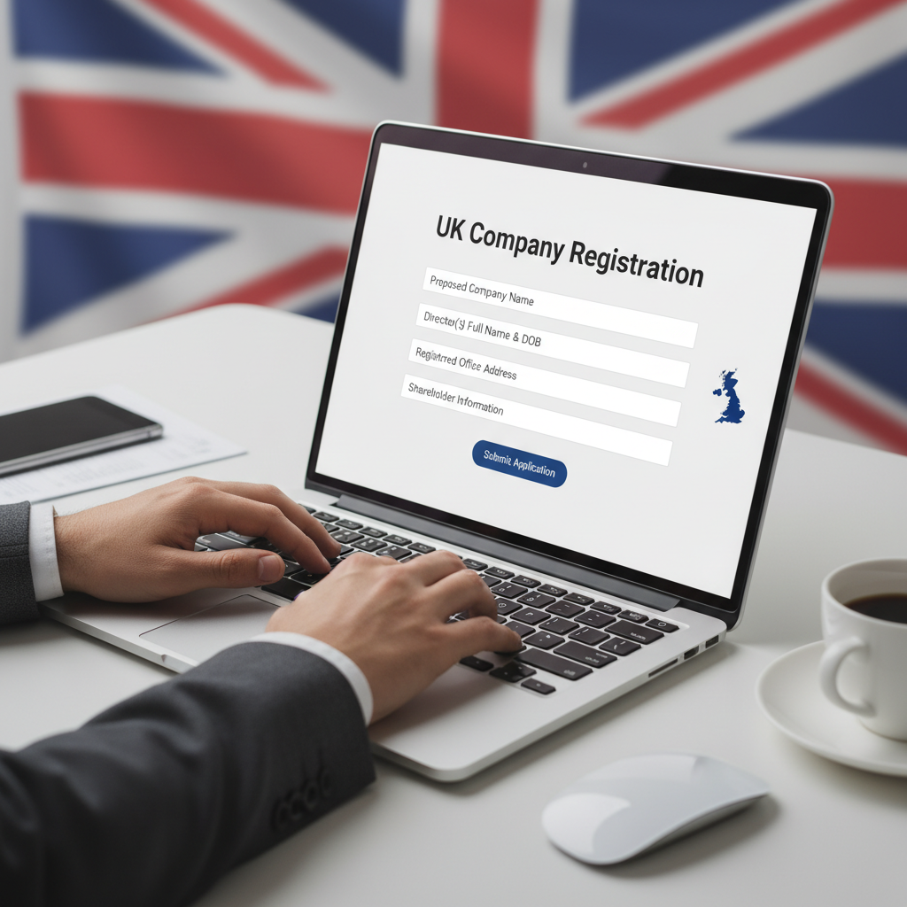 A close-up shot of a pair of hands, possibly an entrepreneur, typing on a laptop keyboard. The screen displays a simplified, user-friendly online form for 'UK Company Registration' with fields like 'Company Name', 'Director Details', and 'Registered Address'. A subtle, slightly blurred UK flag is visible in the background, hinting at the context. The overall feel is modern, efficient, and digital. Photorealistic with soft lighting.