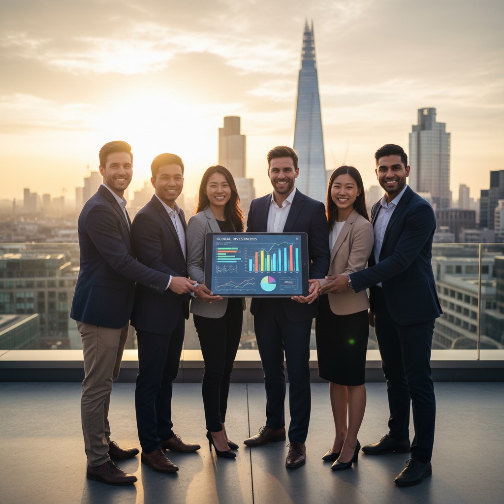 A diverse group of smiling expats, dressed in smart casual attire, standing in front of a modern London skyline, looking confidently at a digital tablet displaying investment charts. The atmosphere is optimistic and professional, with a slightly blurred background of iconic UK landmarks.