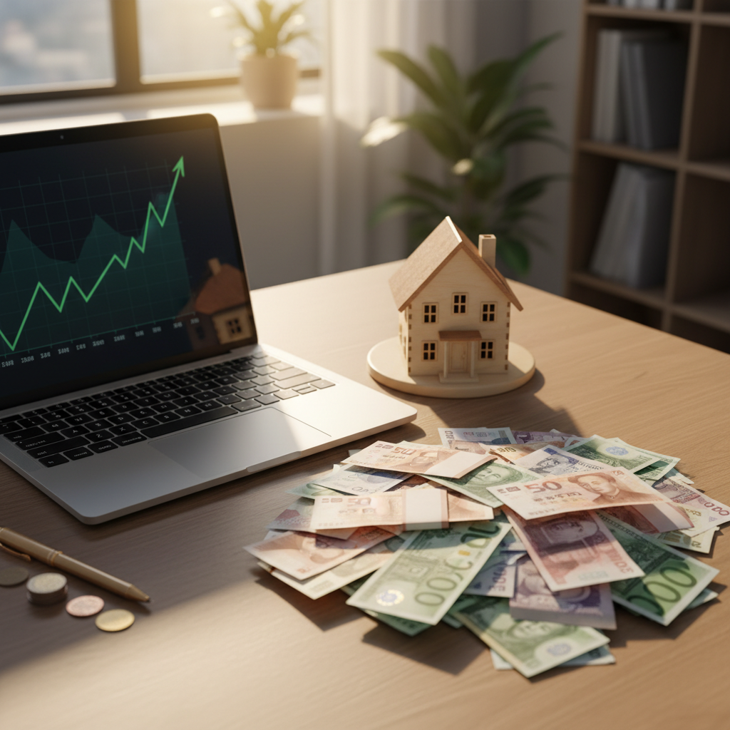 A close-up, high-angle shot of a desk with a laptop displaying a financial graph, next to a stack of various international currencies and a small, intricate model of a house. The lighting is warm and inviting, suggesting growth and financial planning.