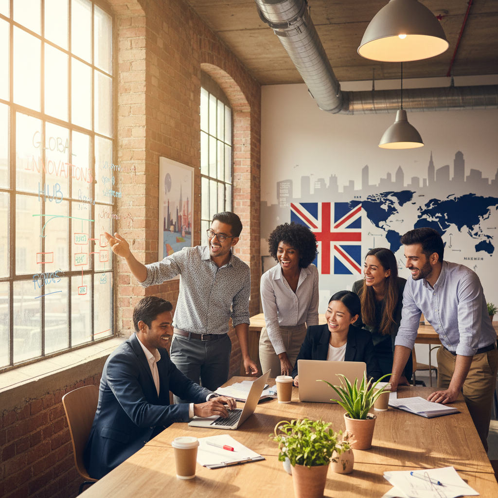 A diverse group of expat entrepreneurs happily collaborating in a modern, sunlit co-working space in London, showcasing a blend of cultures and innovative spirit. They are actively discussing business ideas with laptops and whiteboards.