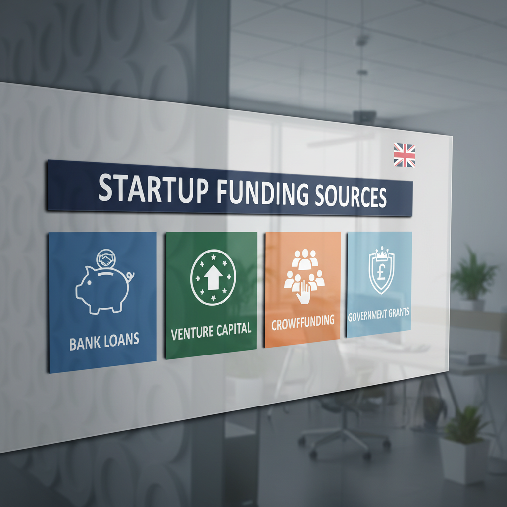 A detailed infographic illustrating various funding sources for startups, including icons for bank loans, venture capital, crowdfunding, and government grants, presented in a clear, professional, and easy-to-understand design with a UK flag subtly integrated.