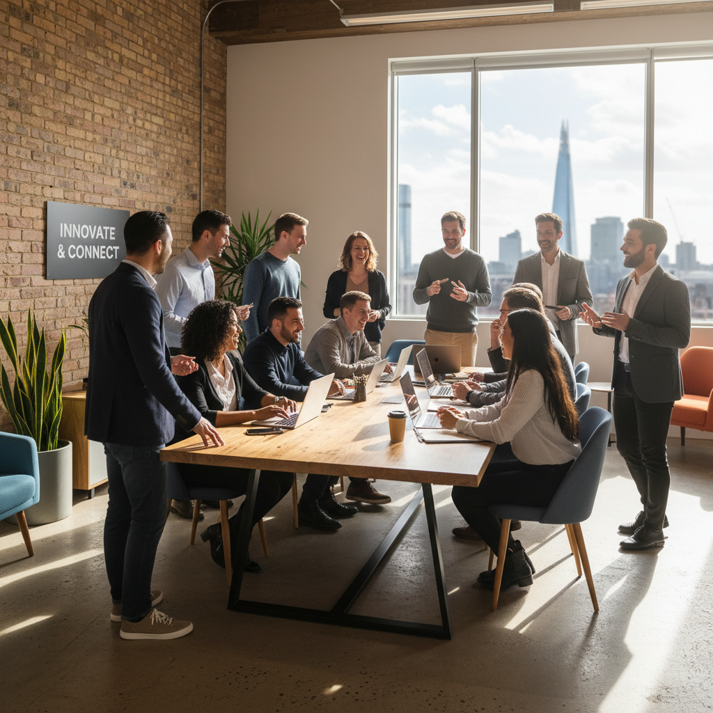 A diverse group of smiling professionals from various backgrounds, looking engaged and collaborative in a modern, sunlit co-working space in a vibrant UK city like London or Manchester, with iconic city landmarks subtly visible in the background through a window. Photorealistic, wide shot.