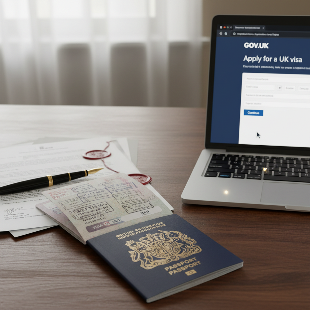 A close-up, photorealistic image of an open passport on a wooden desk, surrounded by official-looking documents, a pen, and a laptop displaying the UK government visa application portal. The scene is well-lit and organized, suggesting careful planning.